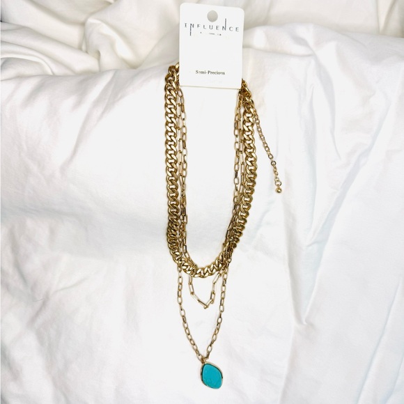 NWT Three Gold Chains holding a Turquoise Pendant Necklace 13” 14” 16” Lengths - Picture 5 of 6